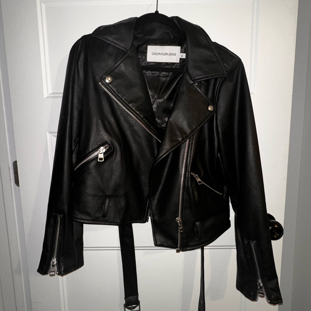 Calvin Klein Belted Black Faux Leather Jacket